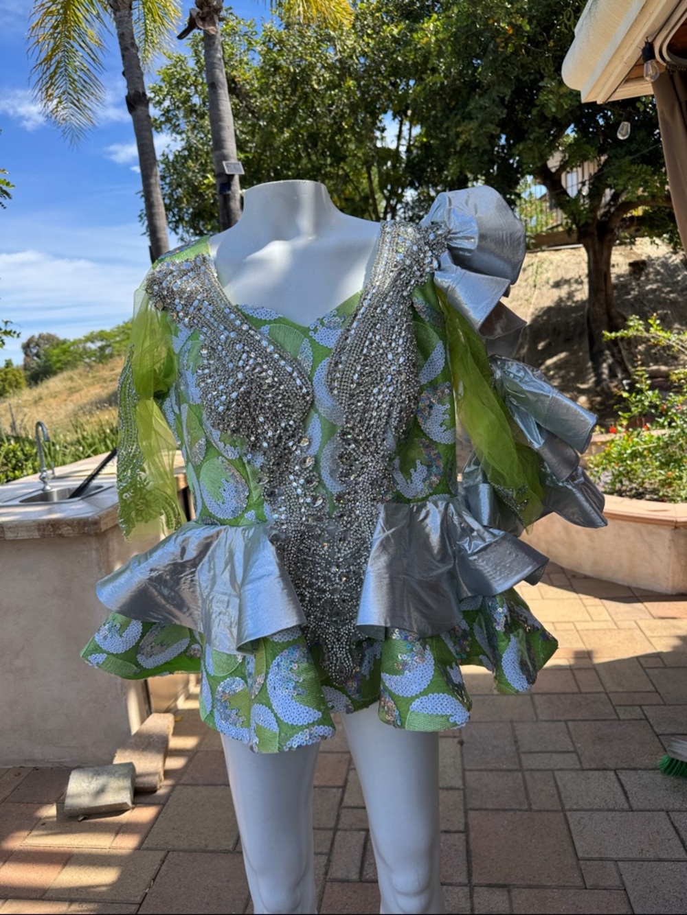 Green and Silver Embellished Peplum Performance Blouse handmade cosplay costume